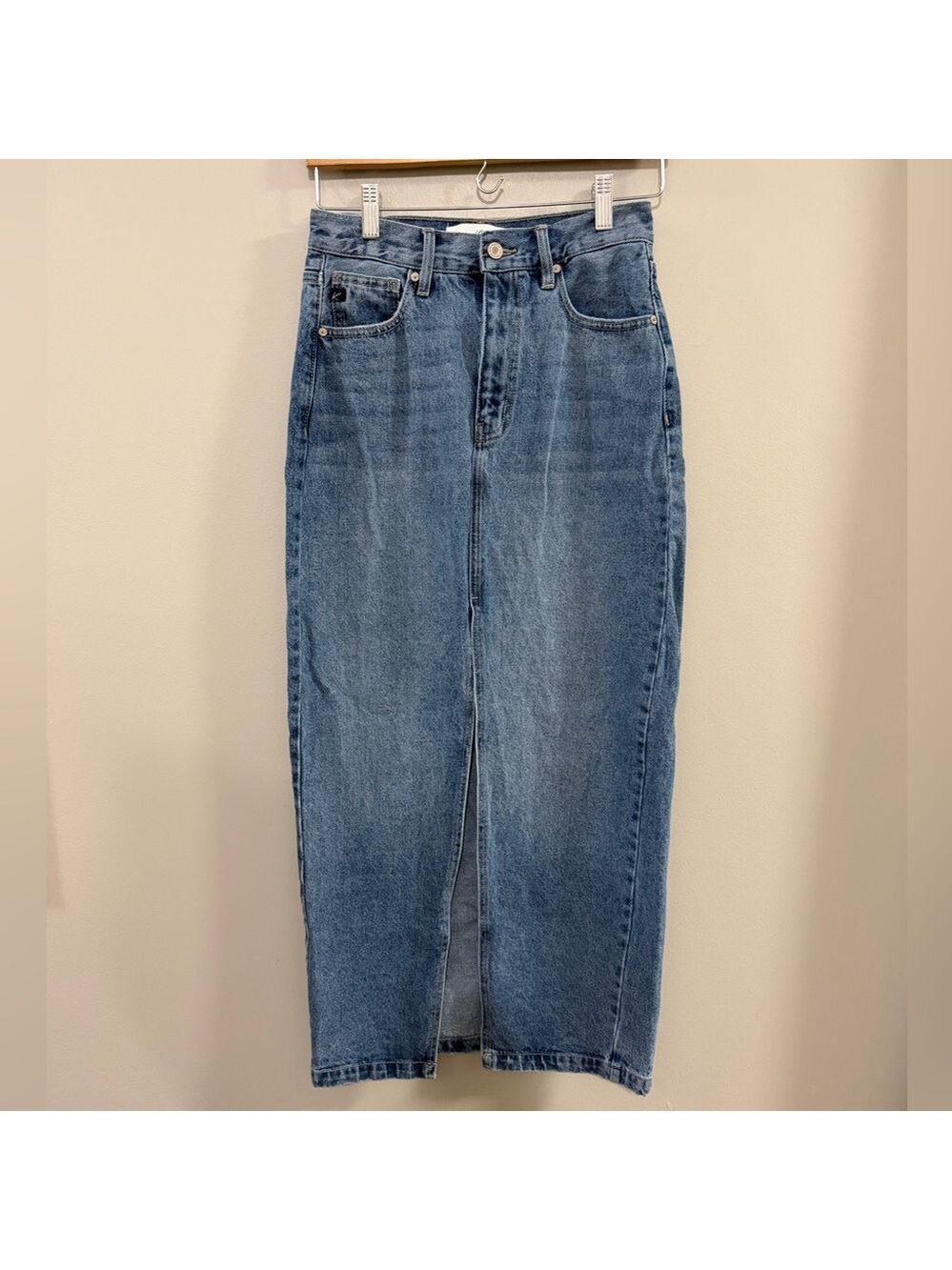 KanCan Blue Denim Pencil Skirt with Front Split. Size Small
